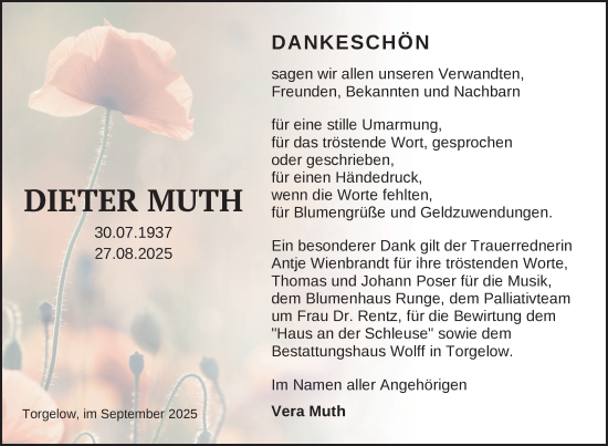 Traueranzeige von Dieter Muth von Nordkurier Haff-Zeitung