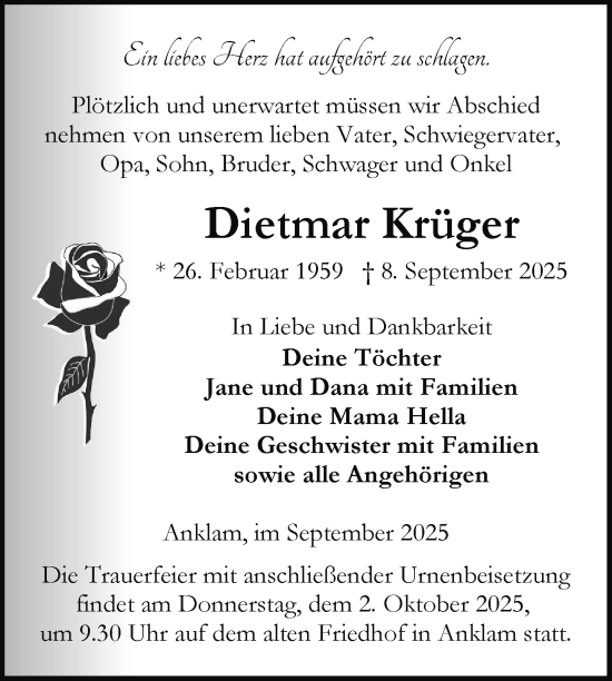 Traueranzeige von Dietmar Krüger von Nordkurier Vorpommern Kurier