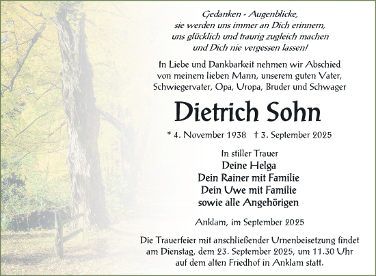 Traueranzeige von Dietrich Sohn von Nordkurier Vorpommern Kurier