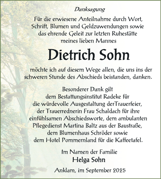 Traueranzeige von Dietrich Sohn von Nordkurier Vorpommern Kurier
