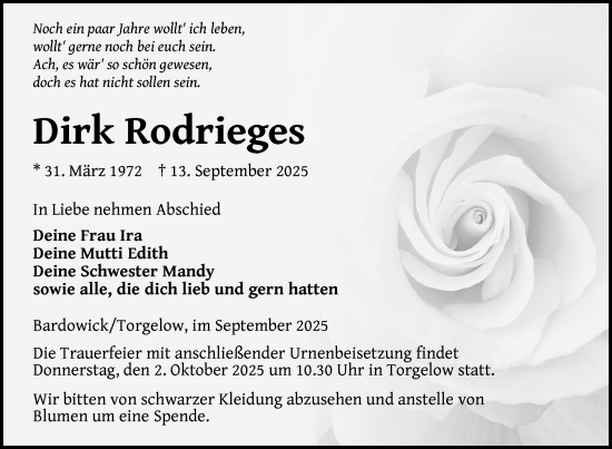 Traueranzeige von Dirk Rodrigues von Nordkurier Haff-Zeitung