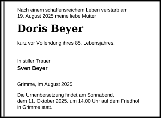 Traueranzeige von Doris Beyer von Uckermark Kurier Prenzlauer Zeitung