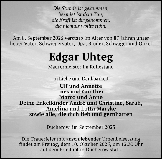 Traueranzeige von Edgar Uhteg von Nordkurier Vorpommern Kurier