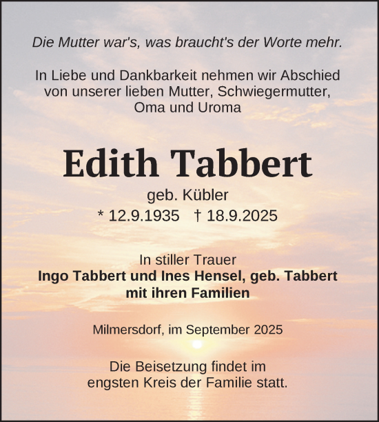 Traueranzeige von Edith Tabbert von Uckermark Kurier Templiner Zeitung