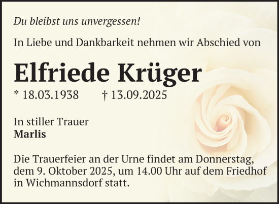 Traueranzeige von Elfriede Krüger von Uckermark Kurier Templiner Zeitung