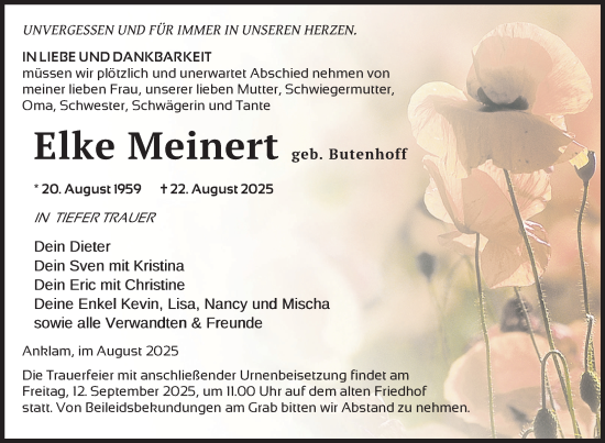 Traueranzeige von Elke Meinert von Nordkurier Vorpommern Kurier
