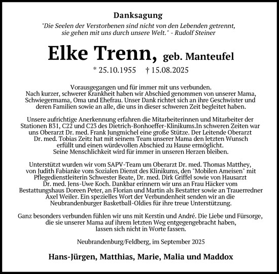 Traueranzeige von Elke Trenn von Nordkurier Neubrandenburger Zeitung