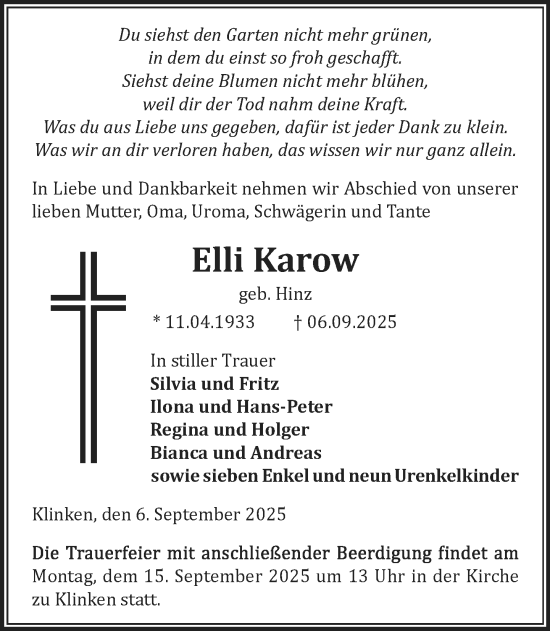 Traueranzeige von Elli Karow von Parchim und Lübz