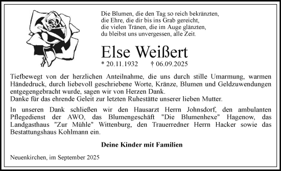 Traueranzeige von Else Weißert von Hagenower Kreisblatt