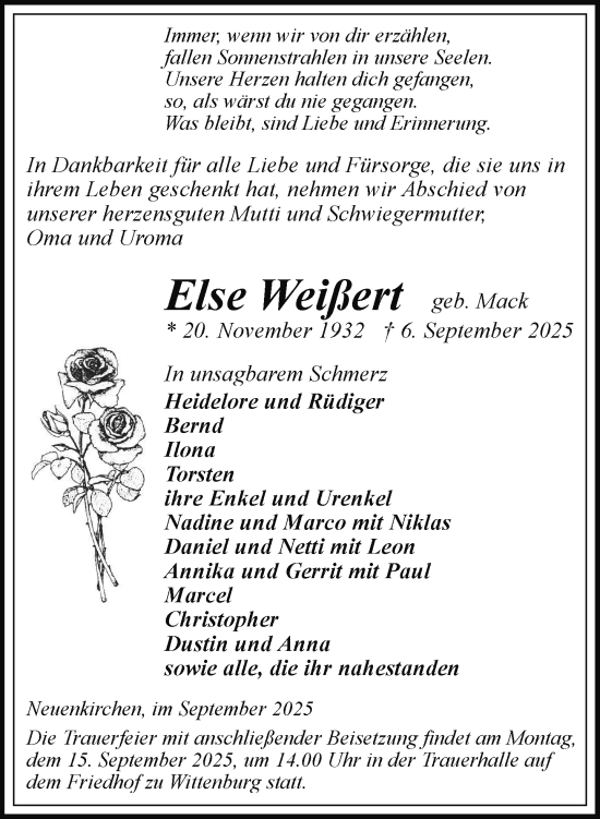 Traueranzeige von Else Weißert von Hagenower Kreisblatt