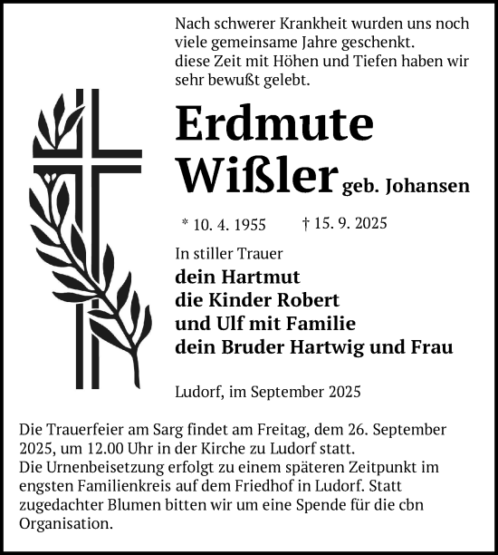 Traueranzeige von Erdmute Wißler von Nordkurier Müritz-Zeitung