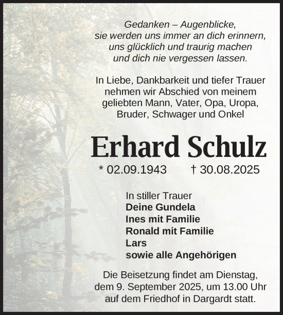 Traueranzeige von Erhard Schulz von Der Prignitzer, Prignitz Express