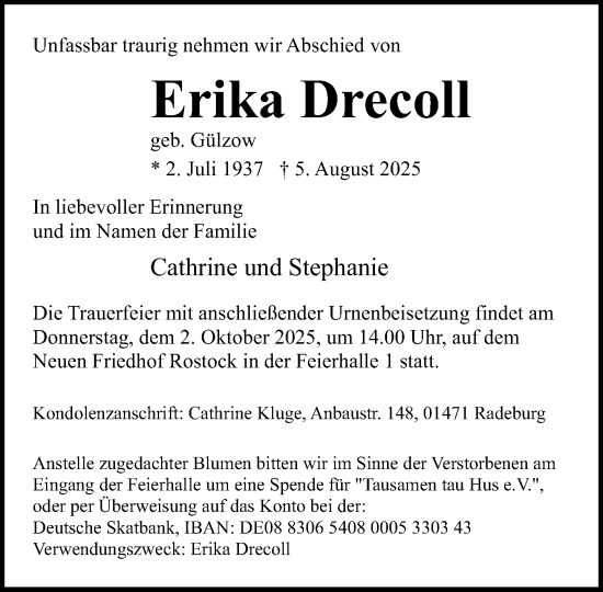 Traueranzeige von Erika Drecoll von Norddeutsche Neueste Nachrichten