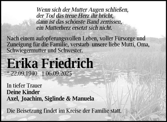Traueranzeige von Erika Friedrich von Uckermark Kurier Prenzlauer Zeitung