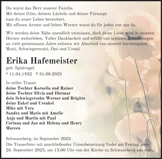 Traueranzeige von Erika Hafemeister von Uckermark Kurier Prenzlauer Zeitung