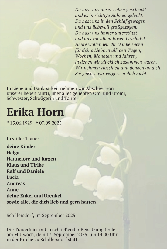 Traueranzeige von Erika Horn von Nordkurier Strelitzer Zeitung