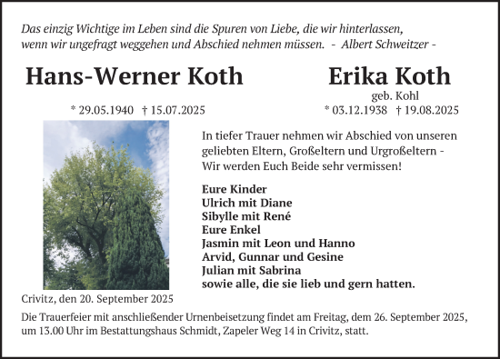 Traueranzeige von Erika Koth von Zeitung für die Landeshauptstadt