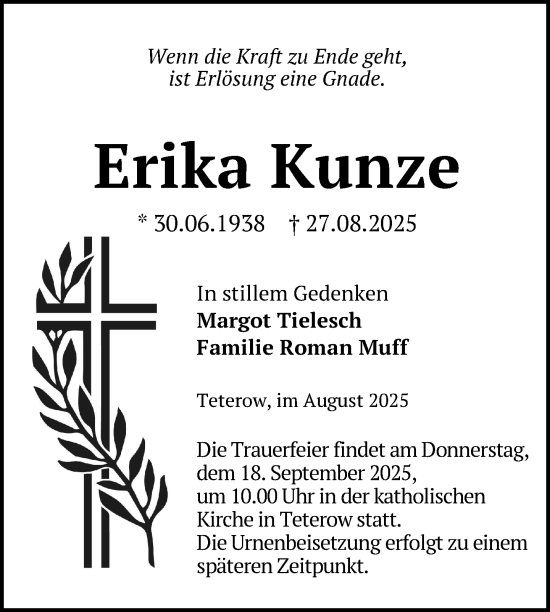 Traueranzeige von Erika Kunze von Nordkurier Mecklenburger Schweiz