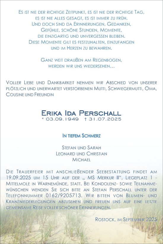 Traueranzeige von Erika Ida Perschall von Nordkurier Strelitzer Zeitung
