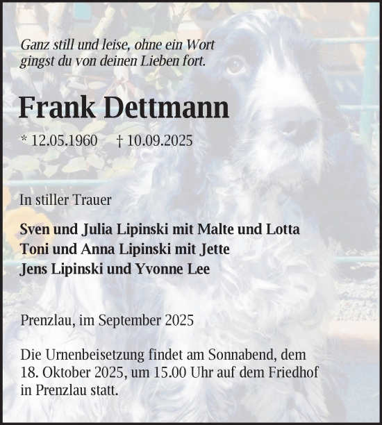 Traueranzeige von Frank Dettmann von Uckermark Kurier Prenzlauer Zeitung