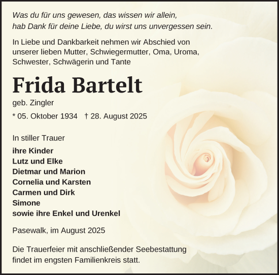 Traueranzeige von Frida Bartelt von Nordkurier Pasewalker Zeitung