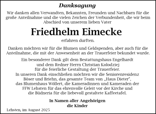 Traueranzeige von Friedhelm Eimecke von Nordkurier Müritz-Zeitung