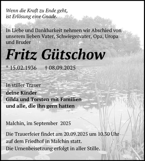 Traueranzeige von Fritz Gütschow von Nordkurier Mecklenburger Schweiz