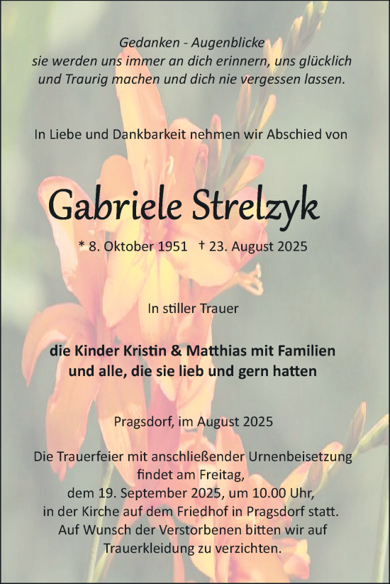 Traueranzeige von Gabriele Strelzyk von Nordkurier Neubrandenburger Zeitung