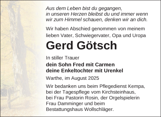 Traueranzeige von Gerd Götsch von Uckermark Kurier Templiner Zeitung