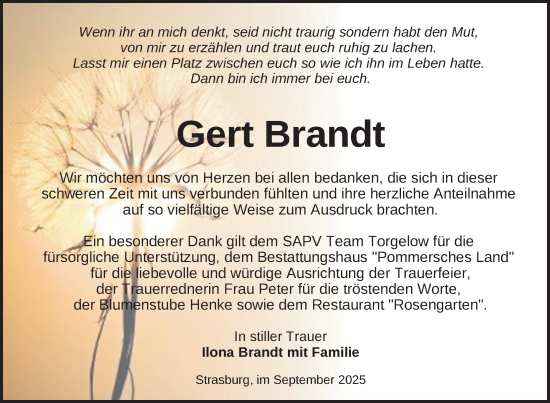 Traueranzeige von Gert Brandt von Nordkurier Pasewalker Zeitung