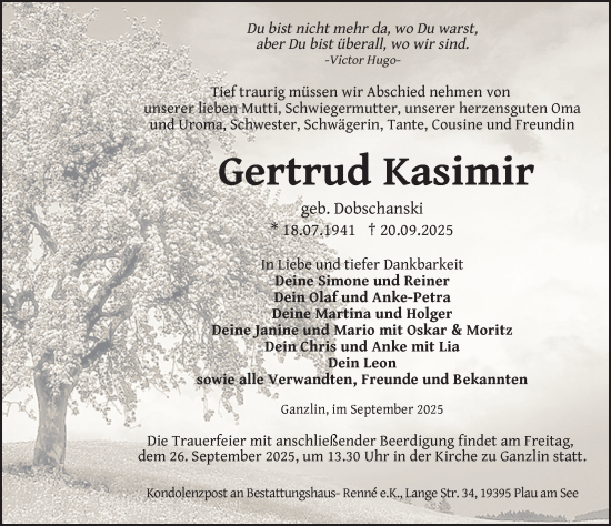 Traueranzeige von Gertrud Kasimir von Parchim und Lübz