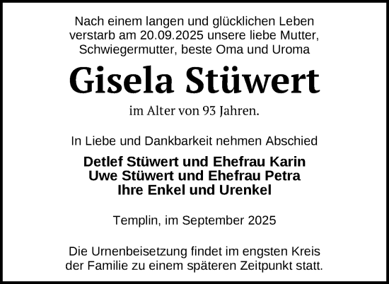 Traueranzeige von Gisela Stüwert von Uckermark Kurier Templiner Zeitung
