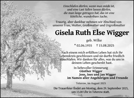 Traueranzeige von Gisela Ruth Else Wigger von Nordkurier Mecklenburger Schweiz