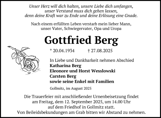 Traueranzeige von Gottfried Berg von Uckermark Kurier Prenzlauer Zeitung