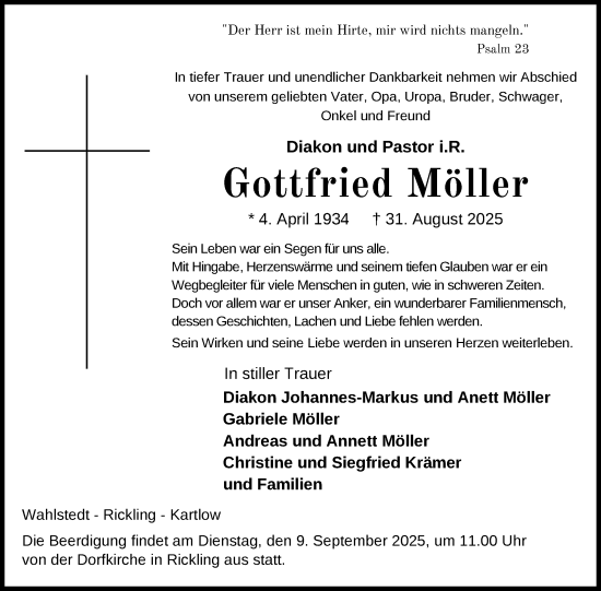 Traueranzeige von Gottfried Möller von Nordkurier Demminer Zeitung