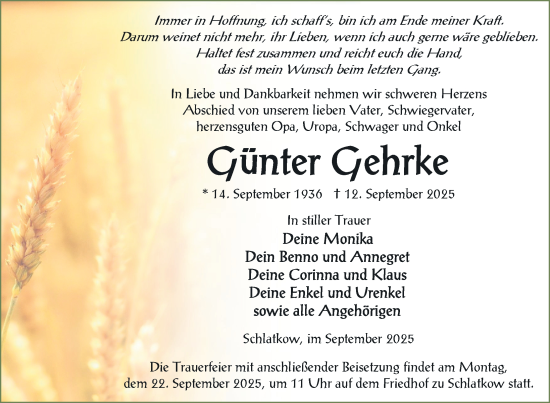 Traueranzeige von Günter Gehrke von Nordkurier Vorpommern Kurier