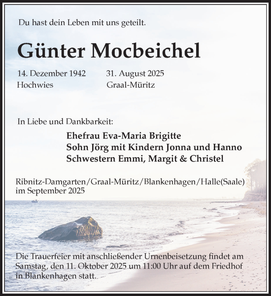 Traueranzeige von Günter Mocbeichel von Norddeutsche Neueste Nachrichten