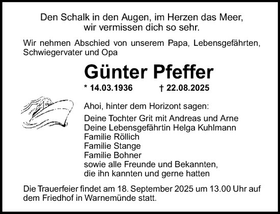 Traueranzeige von Günter Pfeffer von Norddeutsche Neueste Nachrichten