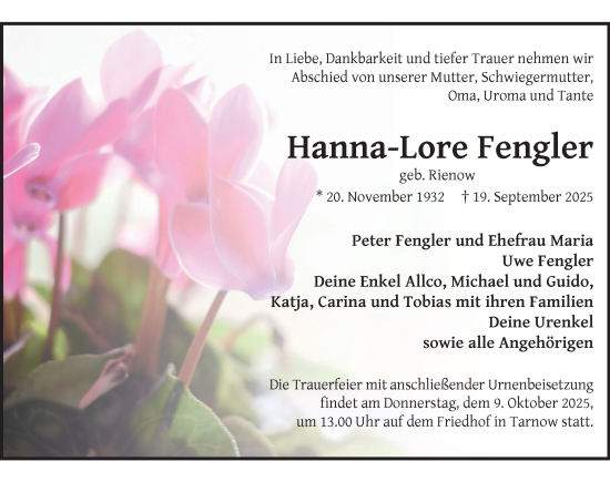 Traueranzeige von Hanna-Lore Fengler von Güstrow und Bützow