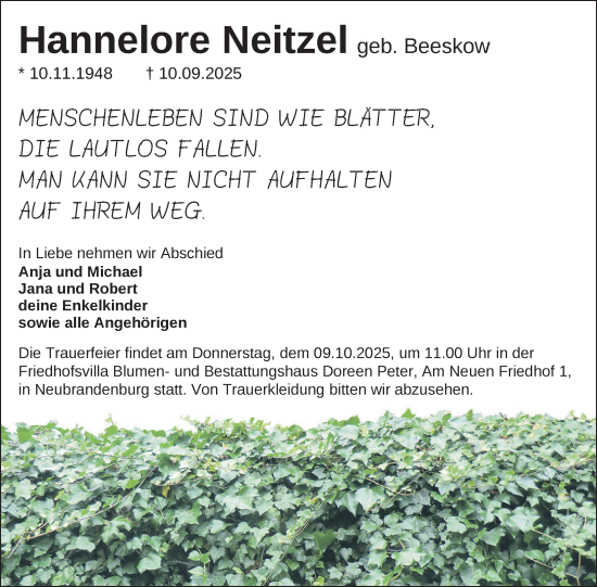 Traueranzeige von Hannelore Neitzel von Nordkurier Vorpommern Kurier