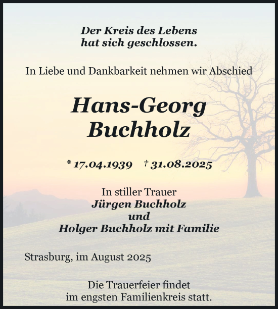 Traueranzeige von Hans-Georg Buchholz von Nordkurier Pasewalker Zeitung