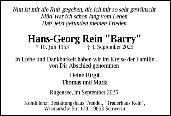 Traueranzeige von Hans-Georg Rein von Zeitung für die Landeshauptstadt