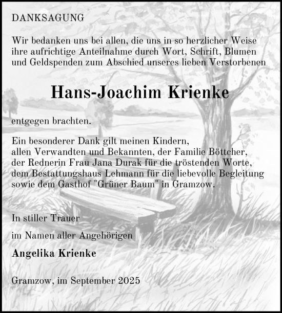 Traueranzeige von Hans-Joachim Krienke von Uckermark Kurier Prenzlauer Zeitung