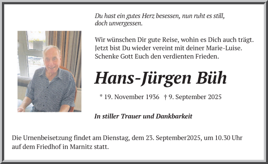 Traueranzeige von Hans-Jürgen Büh von Parchim und Lübz