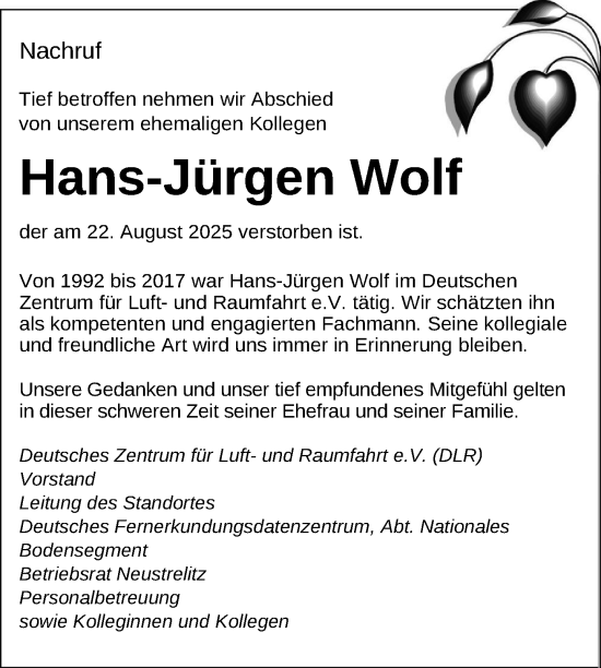 Traueranzeige von Hans-Jürgen Wolf von Nordkurier Strelitzer Zeitung