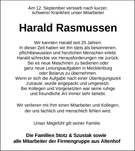 Traueranzeige von Harald Rasmussen von Nordkurier Müritz-Zeitung