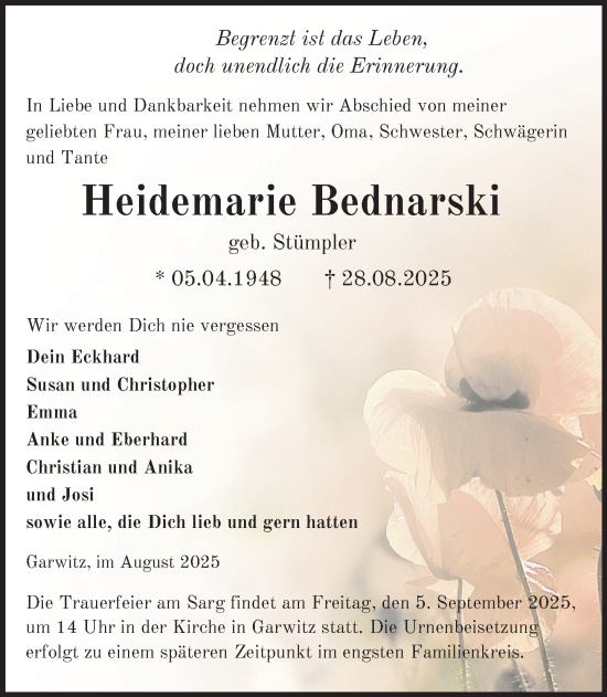 Traueranzeige von Heidemarie Bednarski von Parchim und Lübz