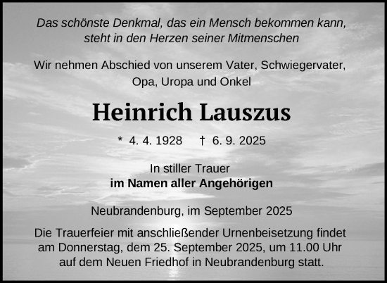 Traueranzeige von Heinrich Lauszus von Nordkurier Neubrandenburger Zeitung