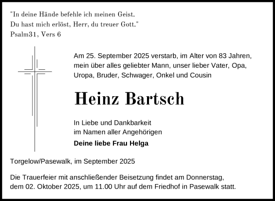 Traueranzeige von Heinz Bartsch von Nordkurier Pasewalker Zeitung