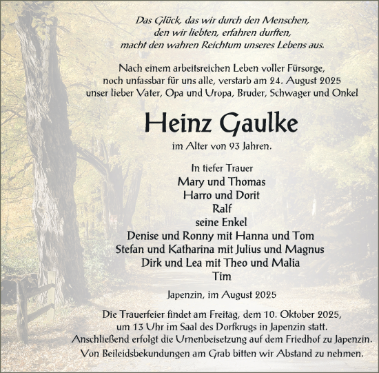 Traueranzeige von Heinz Gaulke von Nordkurier Vorpommern Kurier